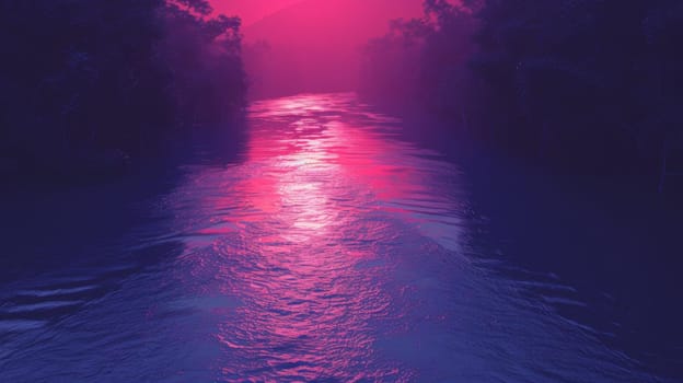 A river with a pink sunset behind it and trees in the foreground