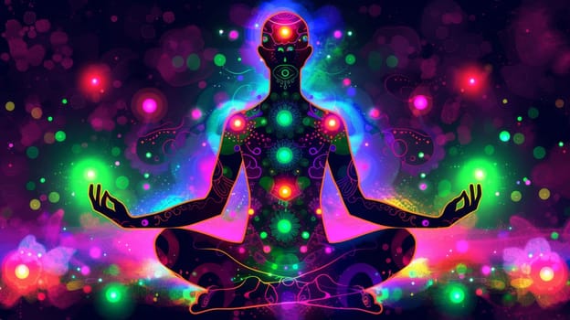 A woman sitting in lotus position with glowing lights around her