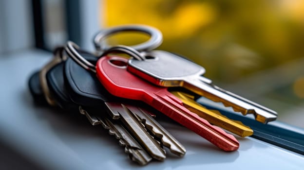 A bunch of keys are sitting on a window sill