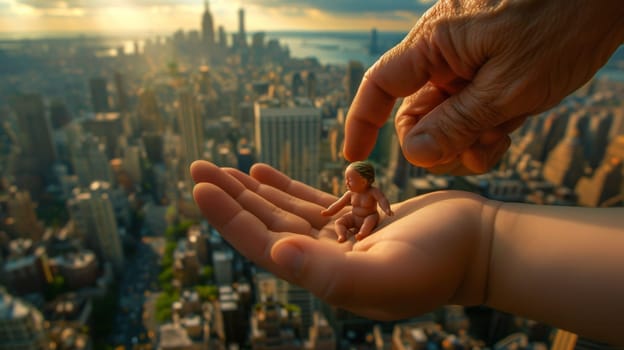 A hand holding a miniature doll in the palm of another