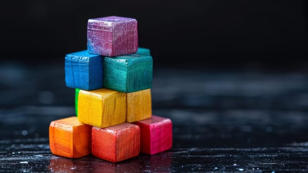 A close up of a stack of colorful wooden blocks