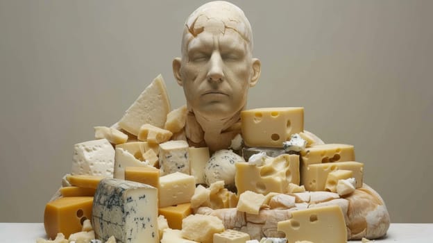 A statue of a man with cheese on his face