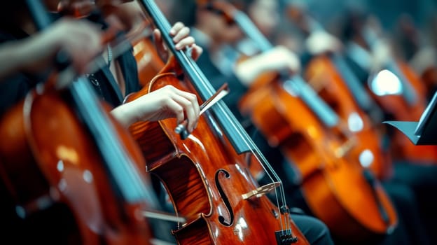 A group of musicians playing cellos and violins in a concert