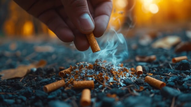 A person is lighting a cigarette from the ashes of other cigarettes