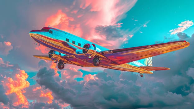 A colorful airplane flying through a cloudy sky with clouds