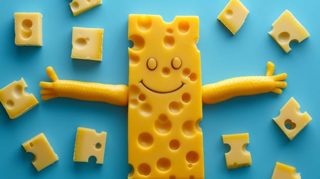 A cheese with arms and legs made out of pieces