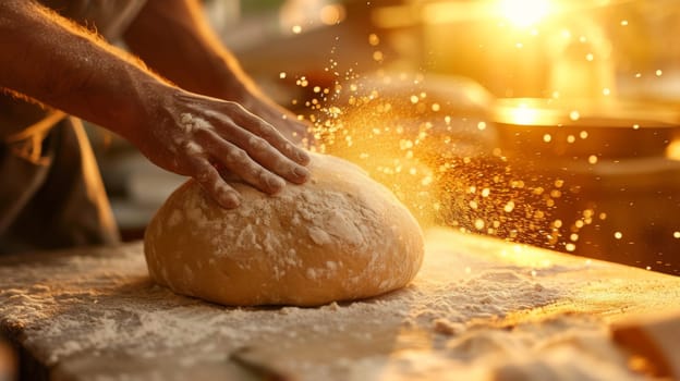 A person kneading dough on a table with flour sprinkled all over it