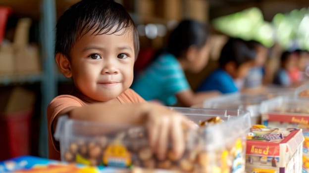 A young boy smiling while sitting at a table with food