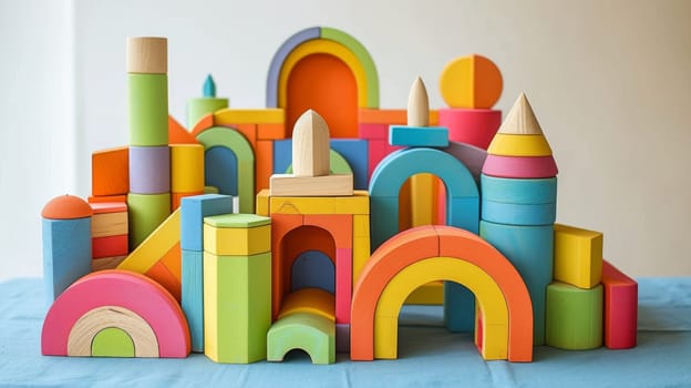 A large collection of colorful wooden blocks on a table