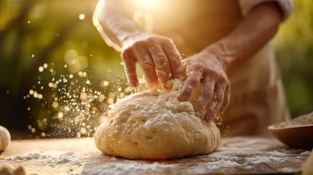 A person kneading dough on a table with flour sprinkled all over