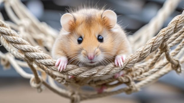 A small hamster is sitting in a rope hammock