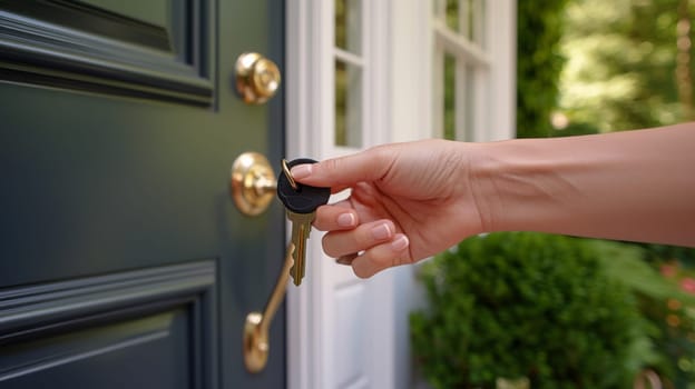 A person holding a key to the front door of their house