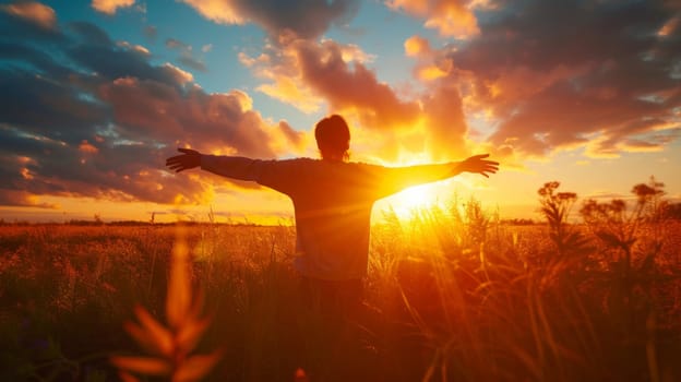 A man standing in a field with his arms outstretched