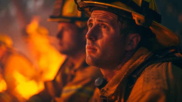 A group of firefighters in front of a fire with one looking away