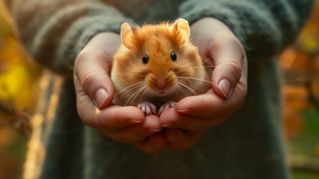 A person holding a small brown and white hamster in their hands