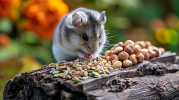 A small rodent eating nuts and seeds on a log