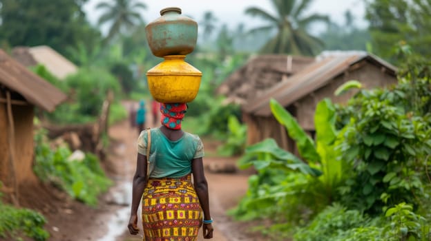 A woman walking down a dirt road with water jugs on her head