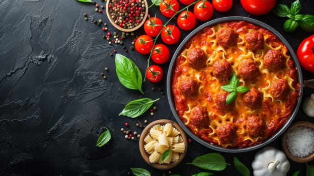 A pan of pasta with meatballs and tomatoes on a table