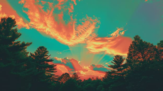 A colorful sunset over a forest with trees and clouds