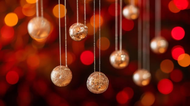 A bunch of ornaments hanging from chains on a red background