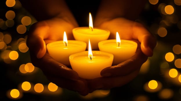 A person holding lit candles in their hands with a bokeh background