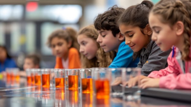 A group of children are sitting at a long table with glasses