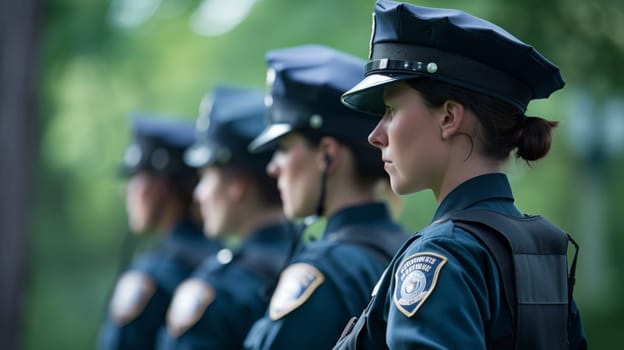 A row of police officers in uniform lined up side by side