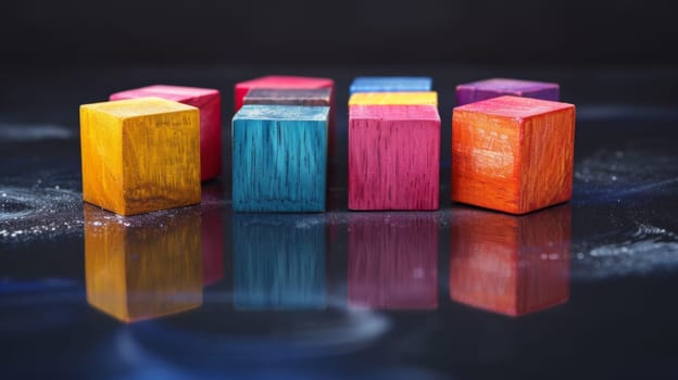 A group of colorful wooden blocks arranged in a row