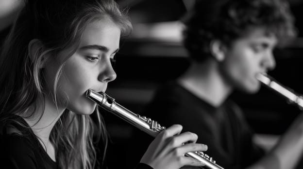 A man and woman playing flute together in a black and white photo