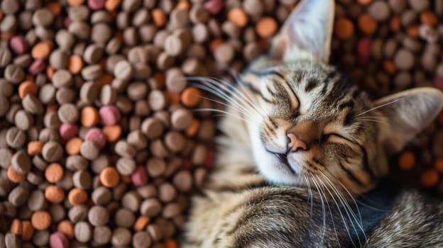 A cat sleeping on a pile of dog food and treats