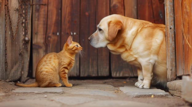 A dog and cat looking at each other in a doorway