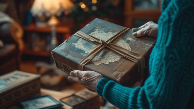 A person holding a wrapped box in their hands