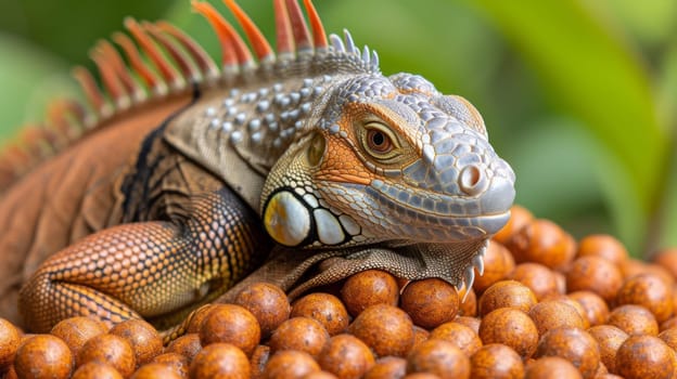 An iguana is sitting on top of a pile of beans