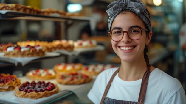 A woman smiling in front of a display case full of pastries