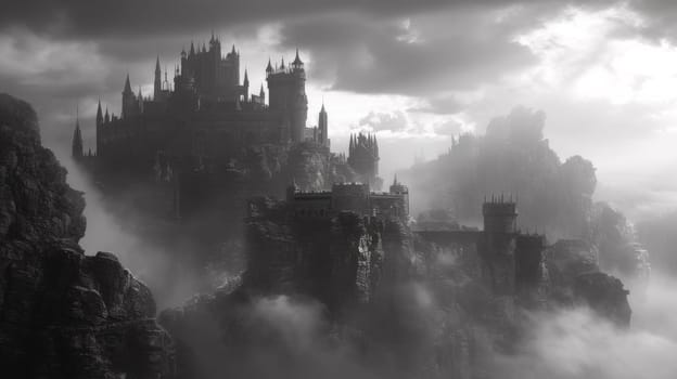 A castle is surrounded by fog and clouds in a black-and-white photo