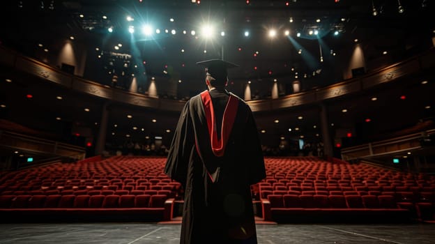 A man in a graduation gown standing on stage looking out at the audience