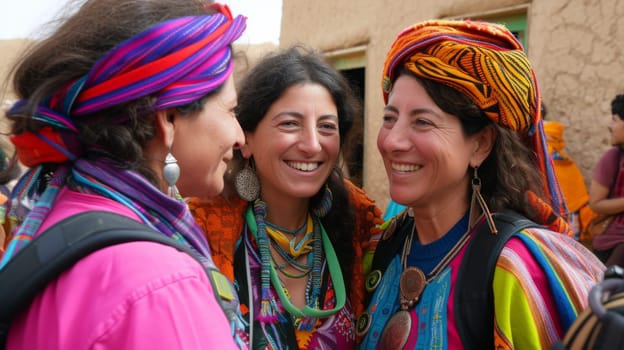 Three women in colorful clothing standing together smiling