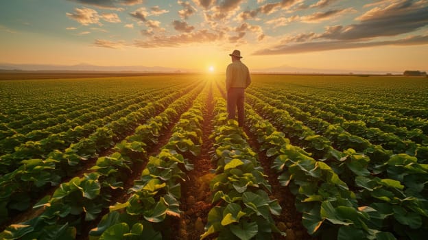 A man standing in a field of lettuce at sunset