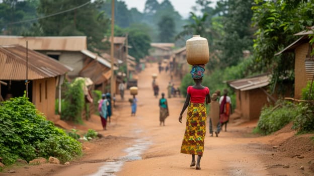 A woman walking down a dirt road carrying water on her head