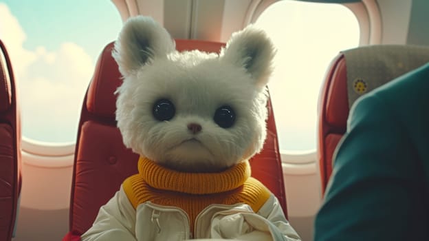 A stuffed animal wearing a sweater and sitting on an airplane