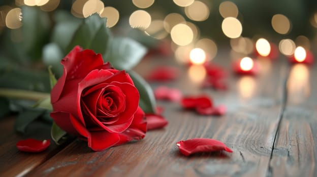 A red rose on a wooden table with lights around it
