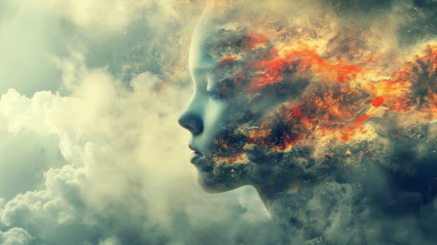 A woman's face is shown in a cloud of smoke