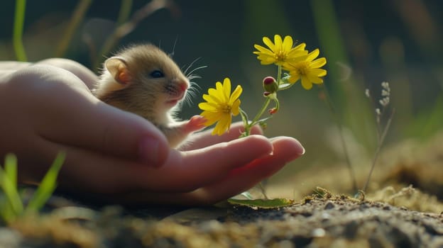 A small rodent in a persons hands with yellow flowers