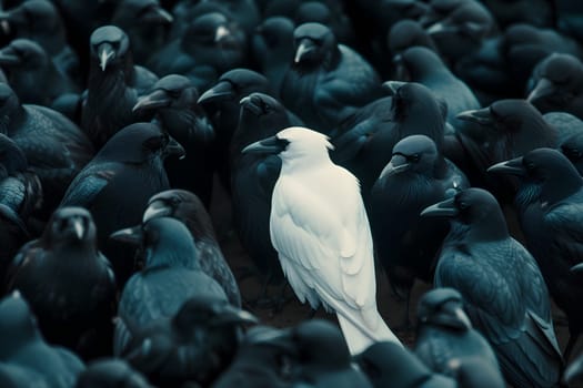 A white crow among many black crows. Neural network generated image. Not based on any actual scene or pattern.