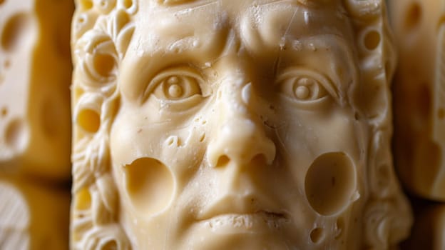 A close up of a sculpture made out of cheese with eyes