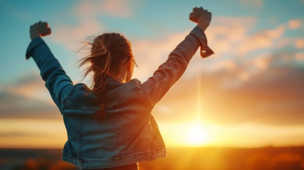 A woman in a denim jacket raising her arms at sunset