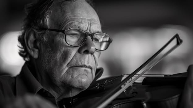 An older man playing the violin in a black and white photo