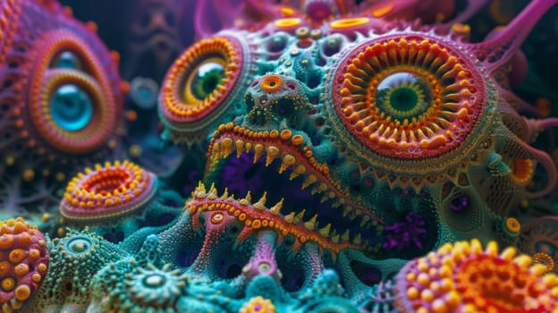 A colorful sculpture of a monster with many eyes and teeth
