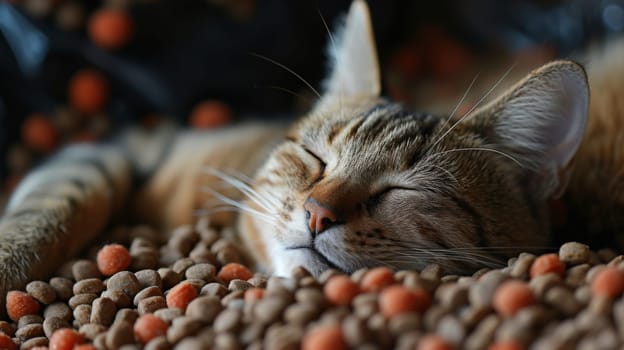 A cat laying down on a pile of food pellets