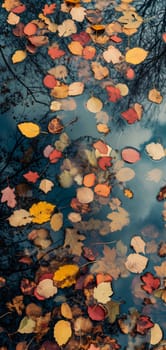 An abstract composition of colorful autumn leaves floating on a reflective water surface of a pond. Neural network generated image. Not based on any actual scene or pattern.